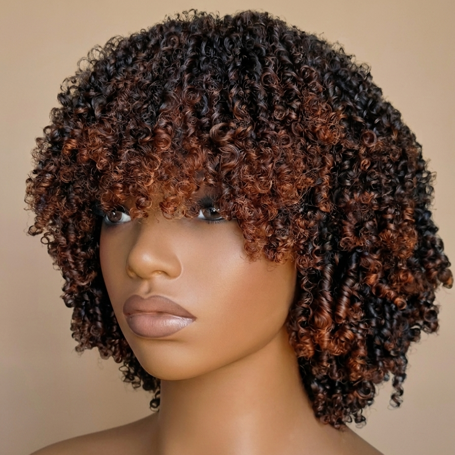 Perruque Afro Kinky Curly avec Frange - 14 Pouces - Densité 250% - Cheveux Humains Vierges Marron Doré
