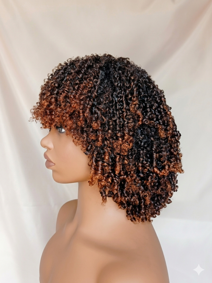 Perruque Afro Kinky Curly avec Frange - 14 Pouces - Densité 250% - Cheveux Humains Vierges Marron Doré