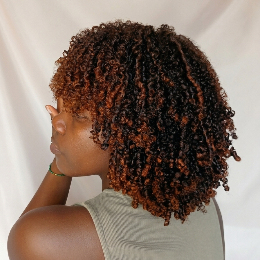 Perruque Afro Kinky Curly avec Frange - 14 Pouces - Densité 250% - Cheveux Humains Vierges Marron Doré