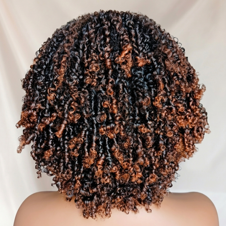 Perruque Afro Kinky Curly avec Frange - 14 Pouces - Densité 250% - Cheveux Humains Vierges Marron Doré
