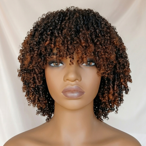 Perruque Afro Kinky Curly avec Frange - 14 Pouces - Densité 250% - Cheveux Humains Vierges Marron Doré